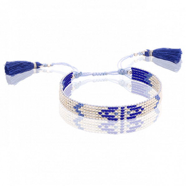 Silver-blue beaded bracelet with tassels