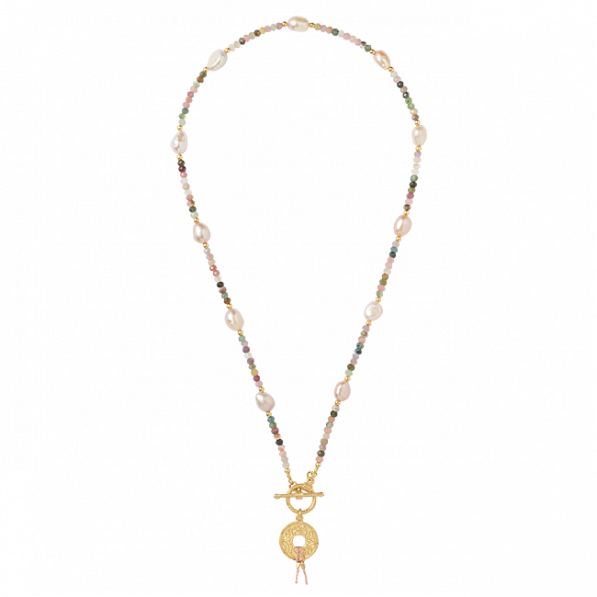 Necklace of coloured tourmalines and natural pearls with pink thread rosette by Mokobelle