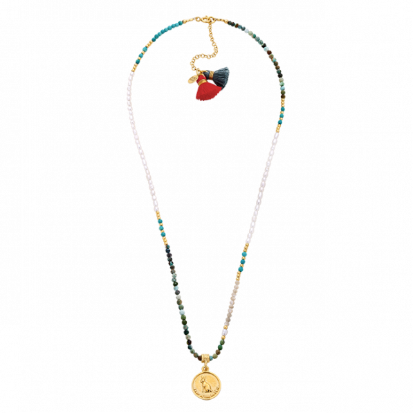 Natural stones necklace with Chinese zodiac and tassels